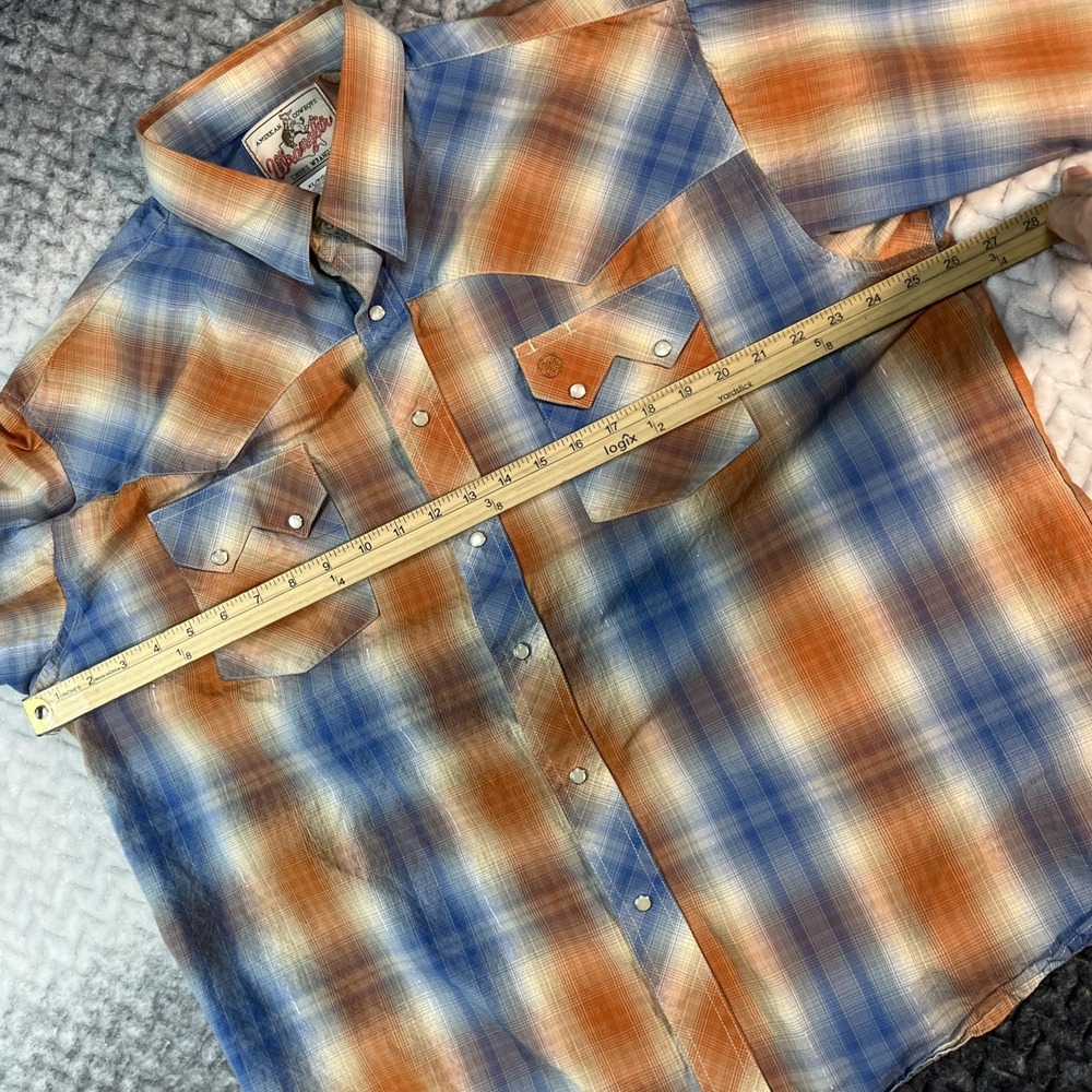 Wrangler Blue and Orange Plaid Western Pearl Snap Shirt - Picture 6 of 10